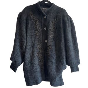 Vintage Lee Sands Angora Rabbit Hair Blend Embellished Cardigan Jacket OS Plus